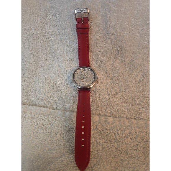 Fossil Women's Watch ES3521 Stainless Red Leather Band Needs Battery - Picture 1 of 8
